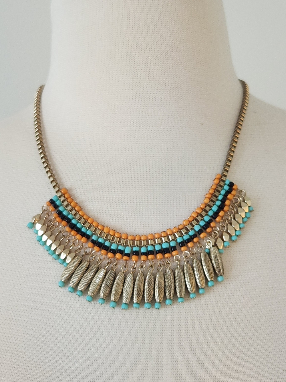 Beaded Fringe Statement Necklace in Orange & Turquoise